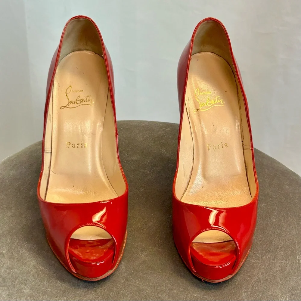 Christian Louboutin Red Patent Leather Hyper Prive Peep Toe Platform Pumps Sz 39